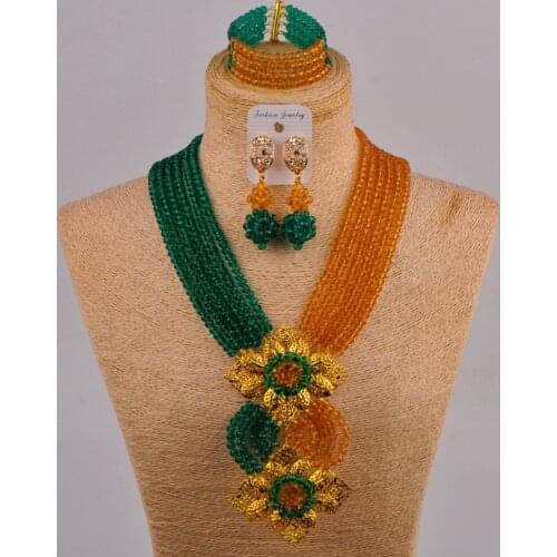 Fashion Crystal Army Green Teal Green Champagne Gold African Jewelry Set Nigerian Beads Necklace for Women 6CHL
