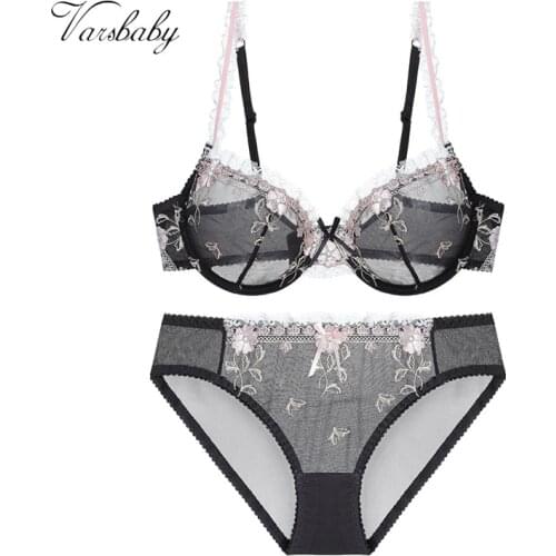 Varsbaby Sexy Embroidered Cute Bow Underwear Set Womens Back Button Bra Set