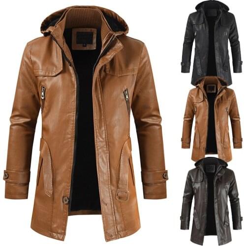 Hooded Leather Jacket Men Coats Brand High Quality PU Outerwear Mens Business Windbreaker Trench Faux Fur Male Outwears