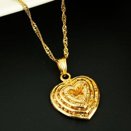 Trendy Valentines Gift For Women 24K Gold Color Romantic Heart Pendant Necklace Heart Jewelry
