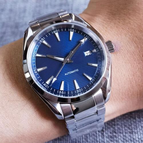 40mm Automatic Mens Watch Date Display Japanese NH35A Sapphire Crystal Blue Dial Luminous Screw In Crown Stainless Steel