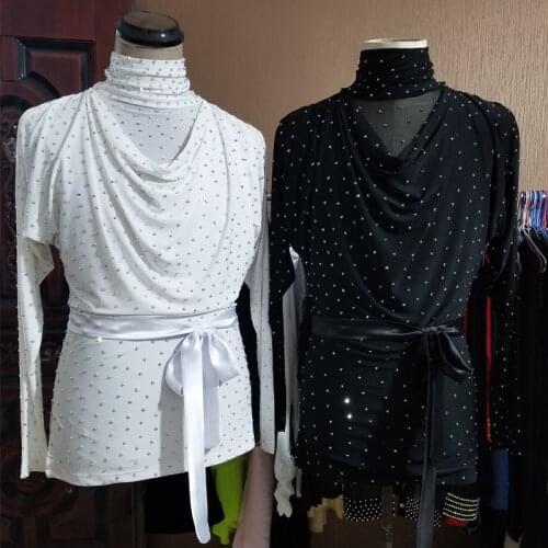 Latin Dance Costume Men Rhinestone Tops High Collar Ballroom Dancing Competition Shirt Long Sleeves Samba Salsa Clothes DNV13902