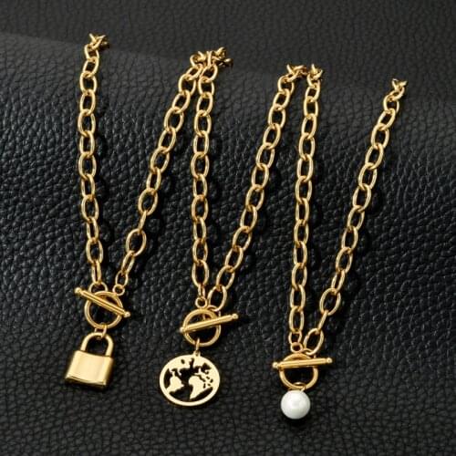 Hip Hop Punk Style Gold Stainless Steel OT Buckle Toggle Lock Map Pearl Heart Necklace For Women Fashion Hot Wholesale