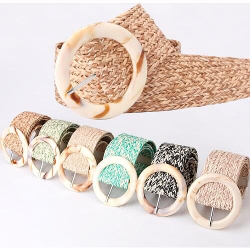 New Fashion Simple Women Wide BeltFemale Belt Round Wooden Smooth Buckle Fake Straw Wide Belts Dress Suit Decorative WaistBand