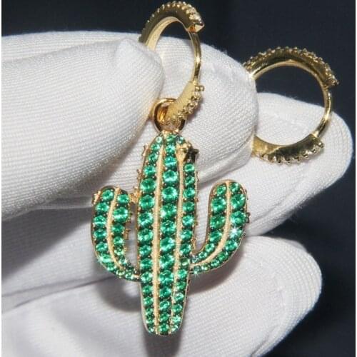 SLJELY 925 Sterling Silver Yellow Gold Color Asymmetrical Cactus Earrings Green Cubic Zirconia Women Fine ARC EN CIEL Jewelry