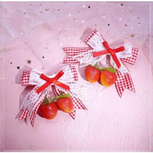 Sweet Strawberry KC Hairpin Lolita Plaid Lace Bowknot Hair Clip Girl Women Hair Accessories B1477