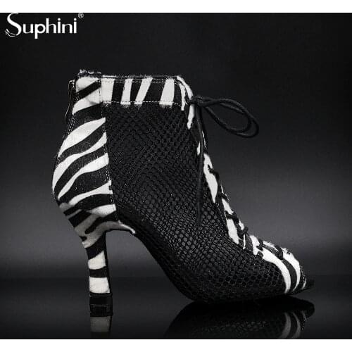 Suphini New Design Mesh Zebra Print Dance High Heel Boots