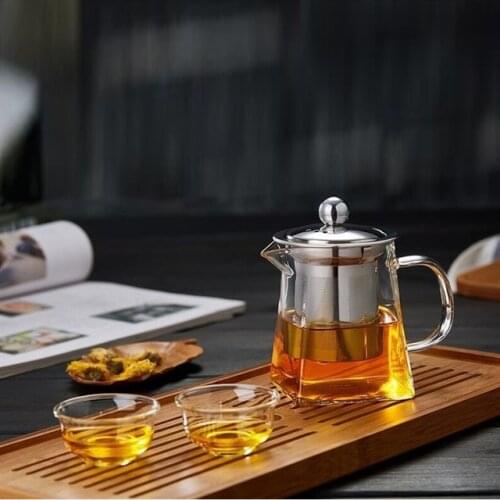 Heat Resistant Glass Teapot Stainless Steel Coffee Infuser Heated Container Tea Pot Good Clear Kettle Square Filter Baskets