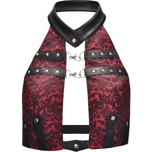 Red Artificial Leather & Brocade Halter Neck Backless Short Sexy Vintage Top Black Rivet Accessories Women Punk Gothic Clothing