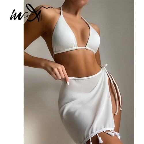In-X White bikini 2021 Triangle swimsuit women Halter swimwear women Skirt 3 pieces set Elegant bathing suit beach wear biquini
