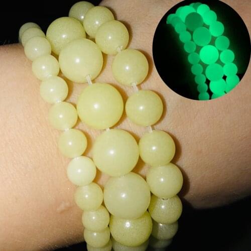 Natural Stone Yellow Luminous Bead Glow In The Dark Green Round Loose Spacer Beads for Jewelry Making Bracelet DIY 15'' 6/8/10mm