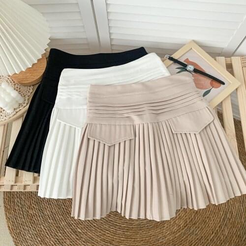 2021 summer new fashion solid color high waist striped pleated A-line skirt