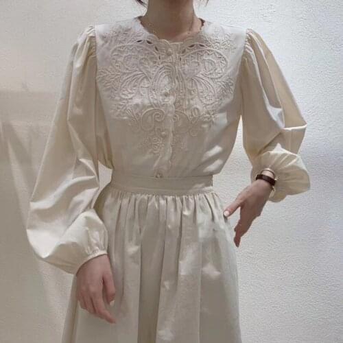 FairyNatural Women Gothic Embroidery Shirts Single Breasted Ladies Lantern Sleeve Tops 2021 Spring Autumn