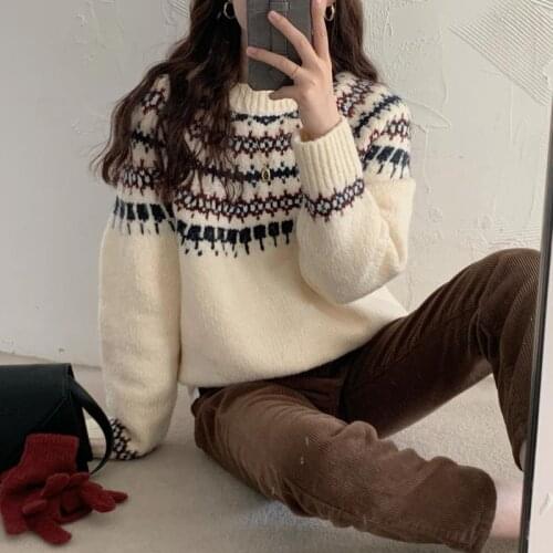 Women Knitwear 2021 Pullover Knitted Sweater Printing Retro Loose Warm Elegant Gentle Chic Casual Loose Casual Tops