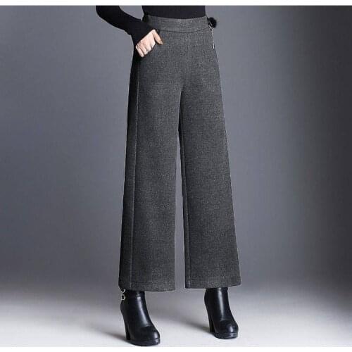Womens gray ribbed luxurious 100% cashmere knitted wide-leg loose casual pants for ladies