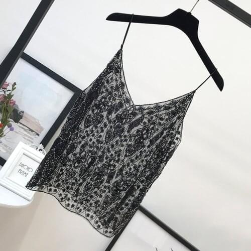 H80&S90 Summer Sexy Beading Sequins Camis Women Tops Fashion Solid Sleeveless V-Neck Female Tank Tops Loose Party Club Newest