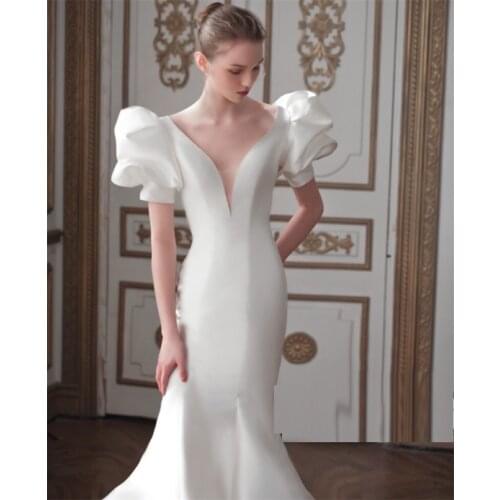 2021 Sweep Train Puff Sleeve Mermaid Satin Sheer Button Back V-Neck Simple Plain Wedding Dress Bride Gown Vestidos De Novia