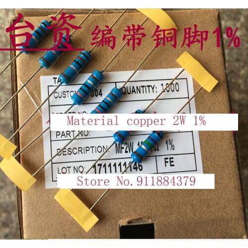 100PCS 2W Metal Film Resistor 1% Five-color Ring Power Resistor 0.1~1M 2 4.7 10R 47 100 220 360 470 1K 2.2K 10K 22K 4.7K 100K Oh