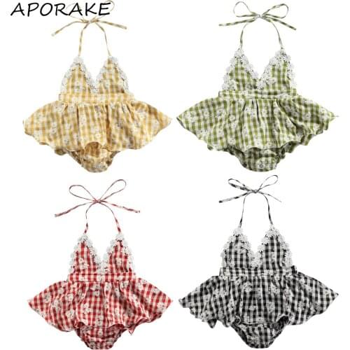 2021 0-24M Sweet Infant Baby Girl Playsuit Dress Flower Lace V Neck Halter Daisy Plaid Print Backless Romper Tutu Dress Summer