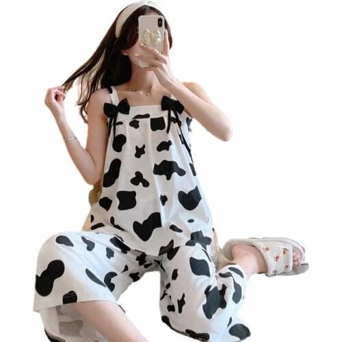 3211c-1Summer Pajamas Women Pure Cotton Sling pajamas Summer Cute One-piece Pajamas Can Wear Outside Cotton Home Clothes