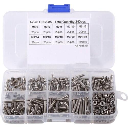 340Pcs M3 304 Stainless Steel Nut & Bolt Assortment Button Head Hex Socket LJ