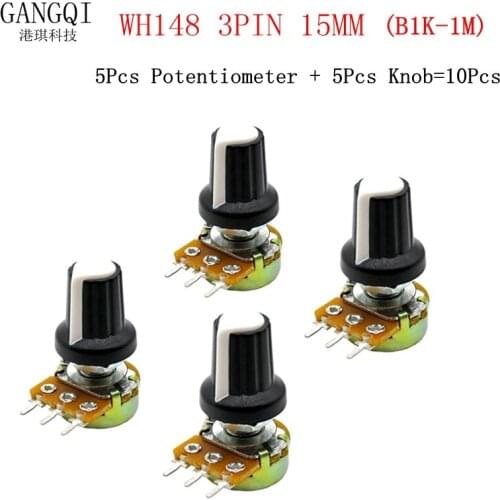 5 Sets WH148 1K 10K 20K 50K 100K 500K Ohm 15mm 3 Pin Linear Taper Rotary Potentiometer Resistor for Arduino with AG2 White cap