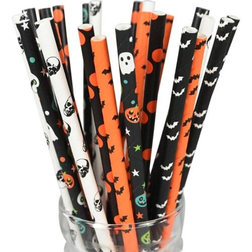 25/50pcs Paper Straws White Black Orange Bat Ghost Pumpkin Drinking Straws For Halloween Birthday Party Decor Disposable Straws