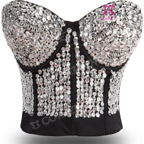 Steampunk Silver Gold Sequins Beading Sleeveless Strapless Brassiere Gothic Push up Nightclub Wear Bra Corsets&Bustier Crop Top