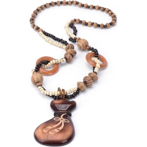 MANXIUNI DIY Hand Wood Bead Wattle Long Beaded Chain Purse Pendant Necklace Women Office Lady Jewelry Bijoux Gifts