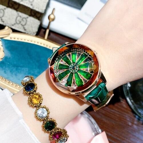 2019 360 Degree Rotating Green Watches Womens Fashion Waterproof Lady Leather Watch Strap Garment Match Simple Quartz Watches