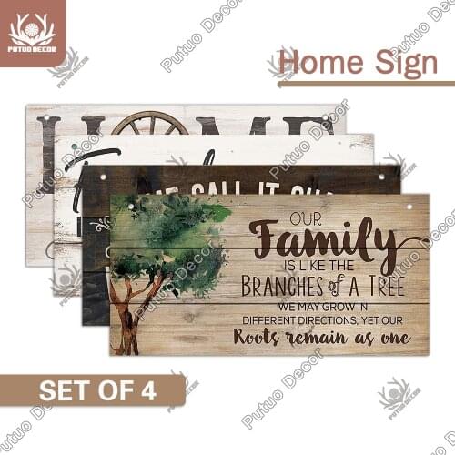 Putuo Decor 4PCS Home Signs Wood Sign Rustic Wooden Plate Family Hanging Plaque for Home Decor Living Room Wall Decoration Gifts