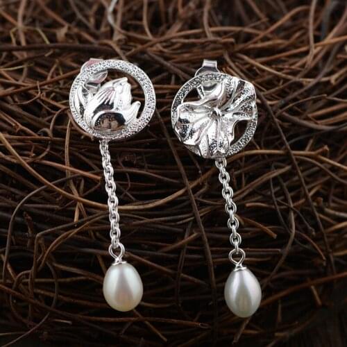 FNJ 925 Silver Lotus Earrings for Women Jewelry 100% Pure Original S925 Silver Sterling Drop Earring Natural Freshwater Pearl