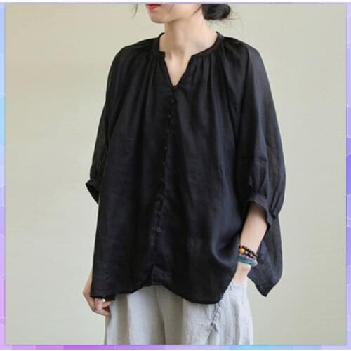 Cotton And Linen Women Tee Shirt 2021 Summer Solid Casual Thin Tshirts Black/Pink Tops Three-quarter Sleeve T-shirts Blusas