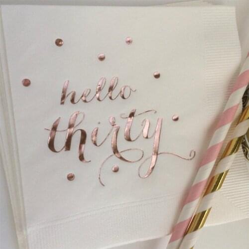 Hello Thirty White w/Metallic Rose Gold Foil Cocktail Beverage Napkins 3 Ply Happy Birthday 30th Hello 30 Rose Gold Foil Baptism