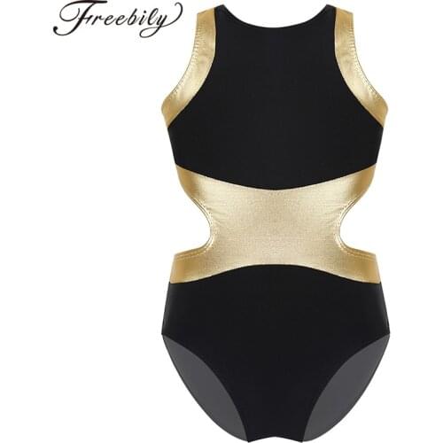 Girls Sleeveless Metallic Splice Back Side Waist Cutouts Ballet Leotard Dance Wear Kids Gymnastics Jumpsuit Child Dance Costume