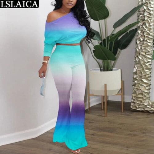 Two Piece Outfits Women Sets Tie Dye Print Crop Top Flare Pants Set Casual High Street Tracksuit Gym Sportswear Conjunto Mujer
