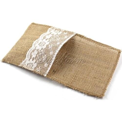 Fashion Hot Vintage 4"x8" Hessian Burlap Lace Wedding Tableware Pouch Cutlery Holder Decorations Favor