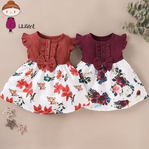 Fashion Toddler Baby Girls Fly Sleeve Bowknot Splice Floral Print Dress Clothes Girl Summer Beach Party Princess Dresses