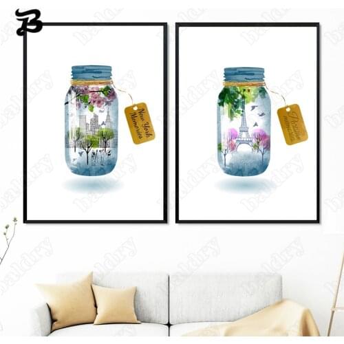Canvas Painting Wall Art Glass Bottle New York Paris London Landscape Posters and Print Wall Pictures for Living Room Home Decor