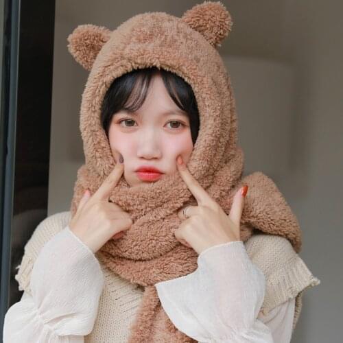 Winter New Cute Cute Cute Bear Hat Scarf Thickened Plush Warm Neck Student Girl Hair Scarf Head Scarf Women Scarves