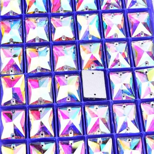 Rectangle Crystal AB Rhinestone Sew On Glass Stone With 2 Holes Wedding Dress Decoration Clothes Crafts Arts DIY Accessories