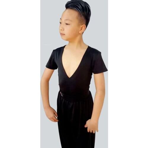 New Boys' Latin Dance Tops Dancing Clothes For Kids Black Short Sleeve Deep V-Neck Ballroom Shirts Male Dance Bodysuit BL3896