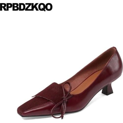 Shoes Evening Special Wine Red Size 33 Kitten Bow Trending Catwalk High Heels Square Toe Medium Pumps Women Girls Bridesmaid