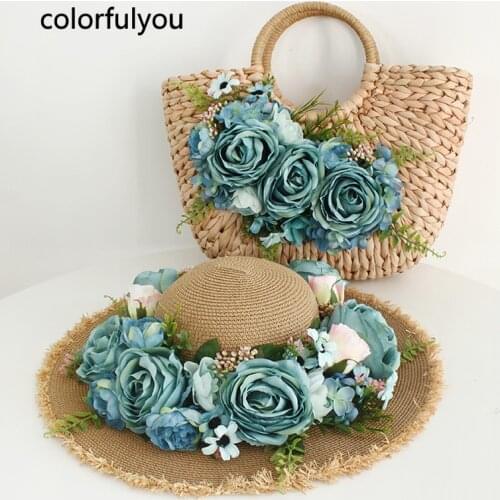 Women Handbag 2021 Summer NEW Beach Bag Handmade Flowers Woven Large Capacity Luxury Knitting Shopping Bag with Sun Hat
