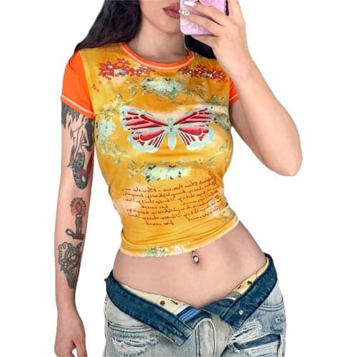 Womens Causal Short Sleeve T-shirt Fashion Butterfly Letter Print Round Neck Exposed Navel Tops