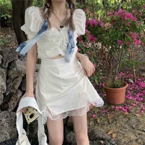 Casual Sweet Summer Two Piece Suit Women Puff Sleeve Kawaii Blouse Tops A-Line Mini Sexy Skirt Set Fashion Elegant Cute Set 2021