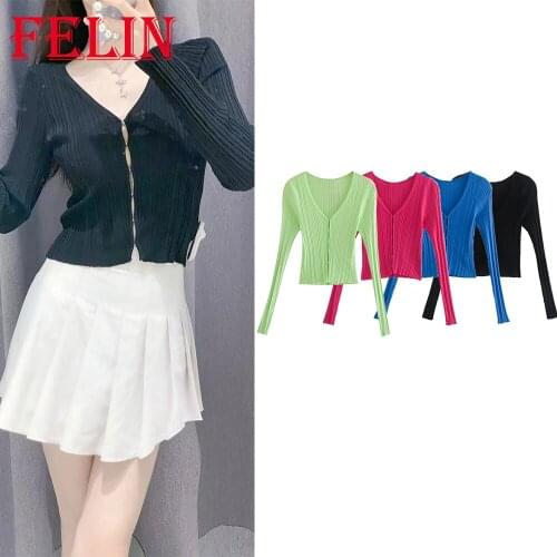 Za 2021 Fashion Autumn Solid Black Knitted Cardigans Women Deep V Neck Long Sleeve Sexy Sheath Women Sweaters Y2K Girls Tops