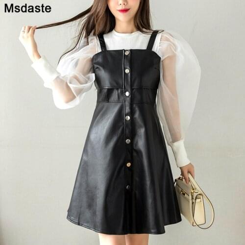 Dress Women Autumn Sexy Casual Pu A-line Elegant Bodycon Sleeveless Spaghetti Strap Vestidos Mujer Outfits Woman Mini Dress