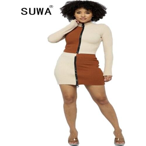 2021 Wholesale New Product Contrast Autumn Winter Knitted Women Two Piece Outfits Long Sleeve Top Bodycon Mini Skirts Dress