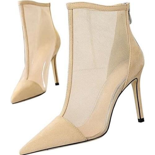 2021 New Lace Sexy Women Heels High Boots Shoes Spring Autumn New Sexy Mesh Ankle Fashion Zip Ladies Party Shoes Size 34-40